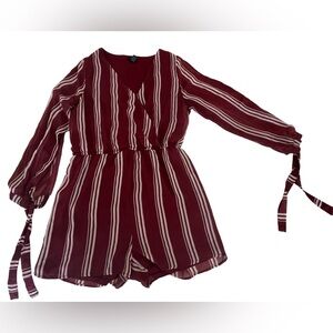 Maroon Striped Romper w/ Open Sleeves & Ties
